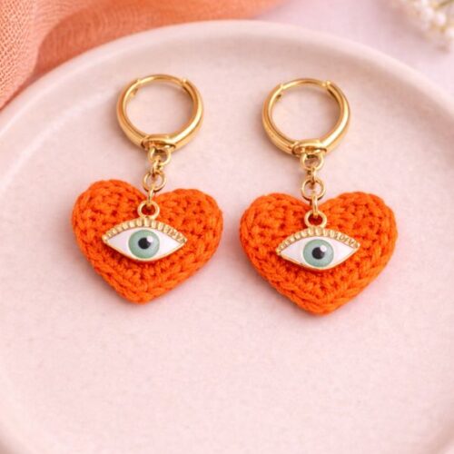 Orange Evil Eye Crochet Earrings